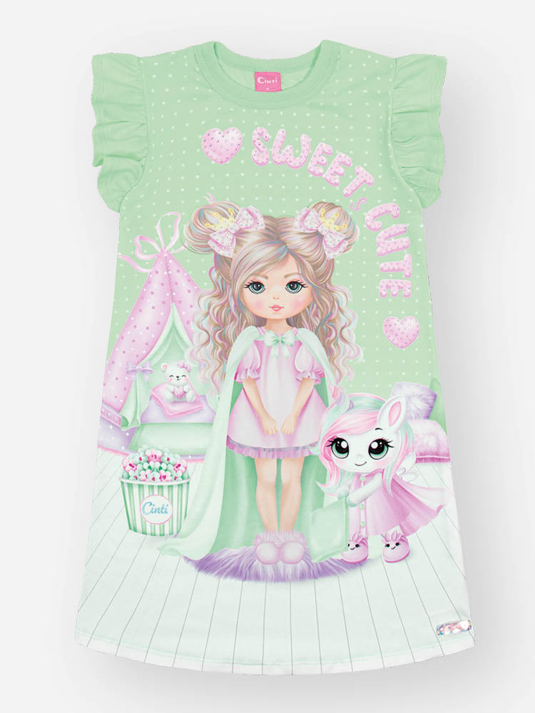 Camisola Infantil Cinti Verão Verde Menininha e Unicórnio Sweet Cute