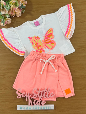 Conjunto Infantil Cinti Verão Shorts Laranja e Blusa Borboleta