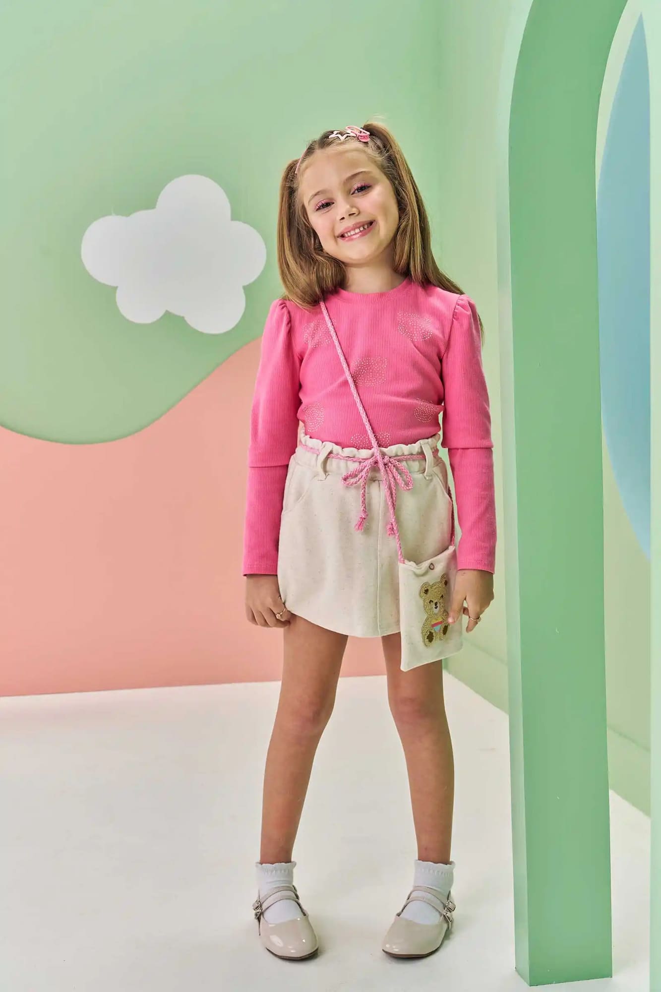 Conjunto Infantil Kukiê Inverno Short Saia e Blusa Rosa Brilhos com Bolsinha