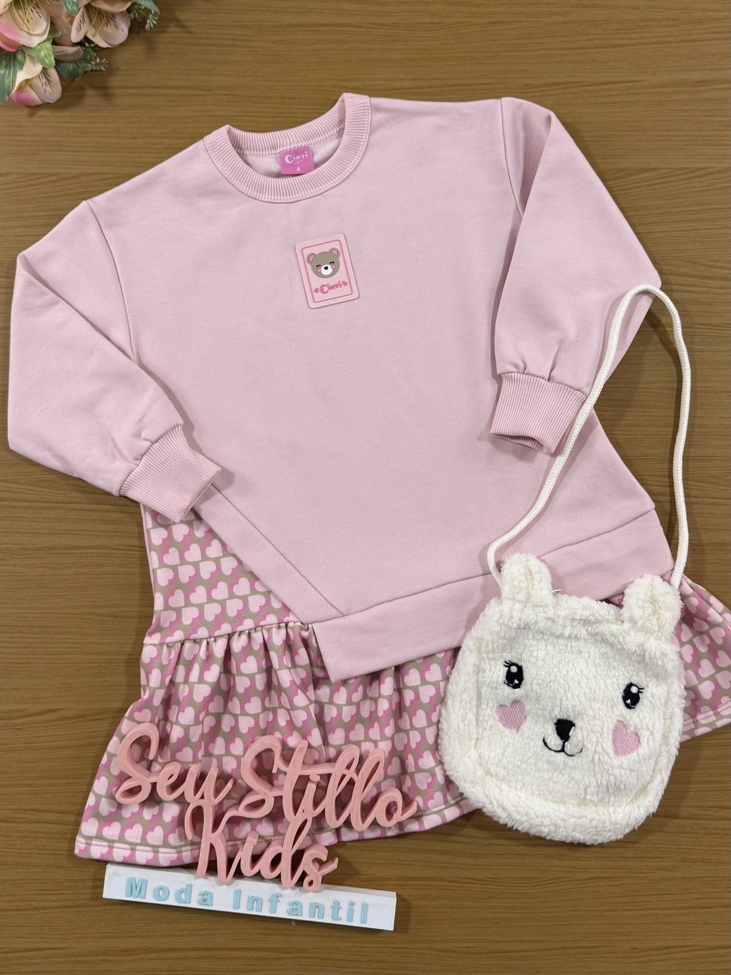 Vestido Infantil Inverno Cinti Rosa Ursinho com Bolsinha