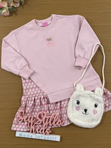 Vestido Infantil Inverno Cinti Rosa Ursinho com Bolsinha