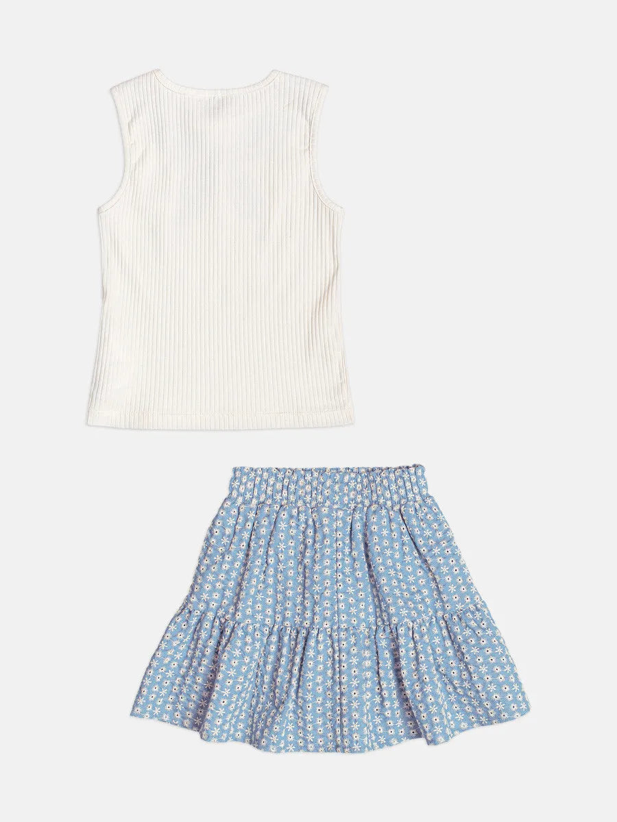 Conjunto Infantil Menina Momi Saia Laise Azul e Blusa Lacinho