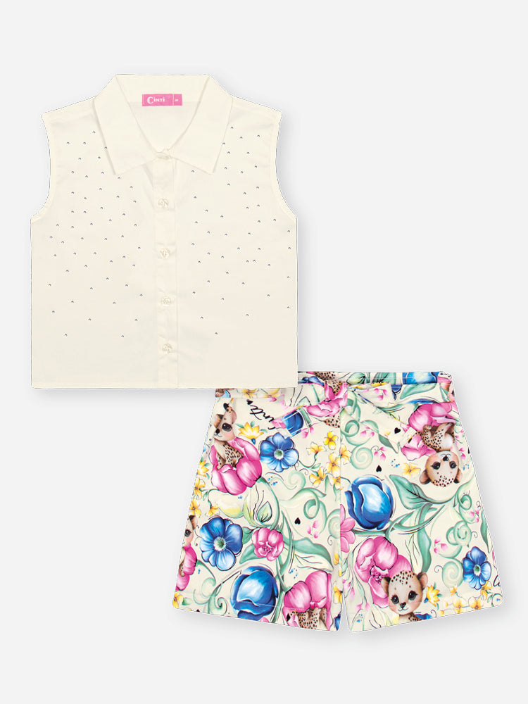 Conjunto Infantil Cinti Verão com Calça e Blusa Branca Oncinha Floral