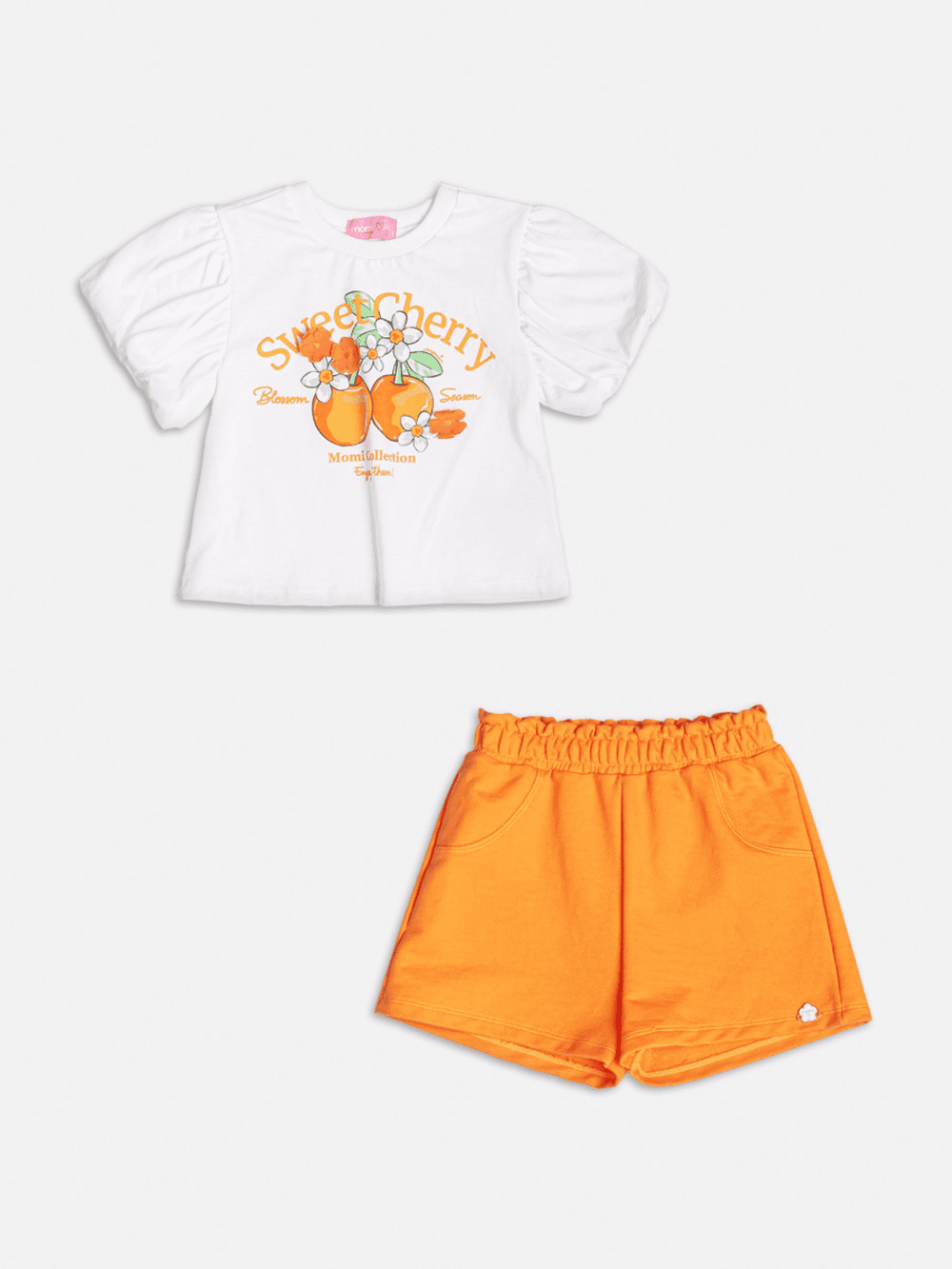 Conjunto Infantil Momi Verão Shorts Laranja e Blusa Cereja Doce
