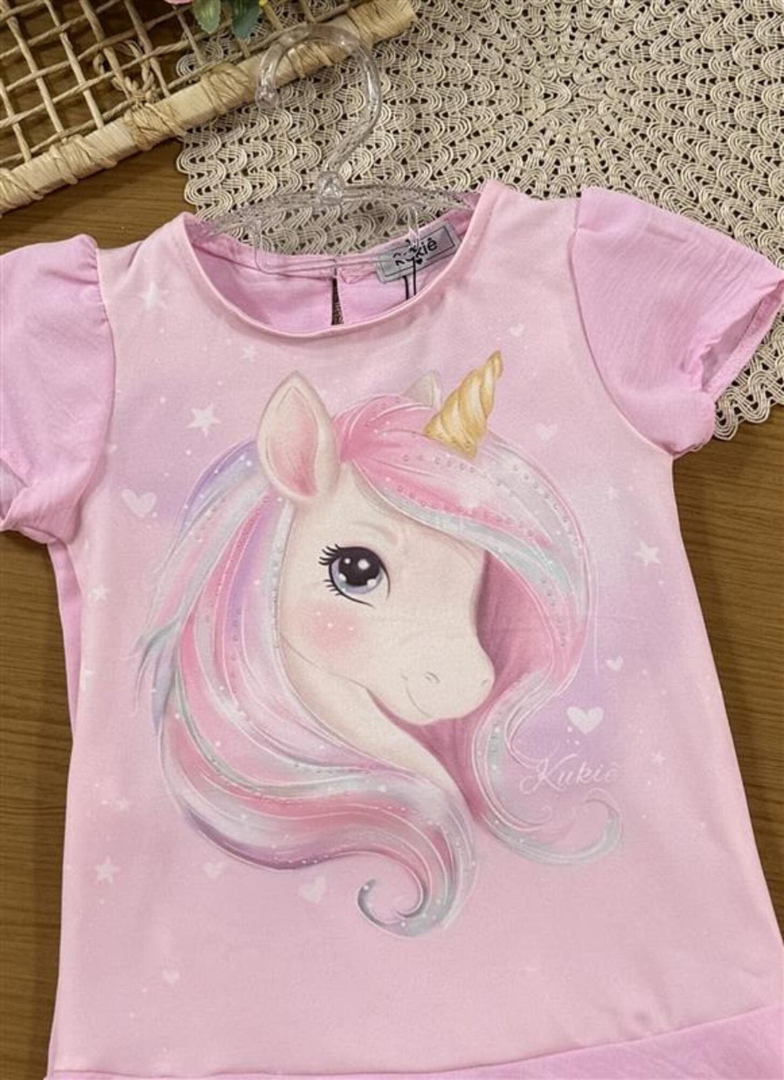 Vestido Infantil Kukiê Verão Rosa Unicórnio com Strass