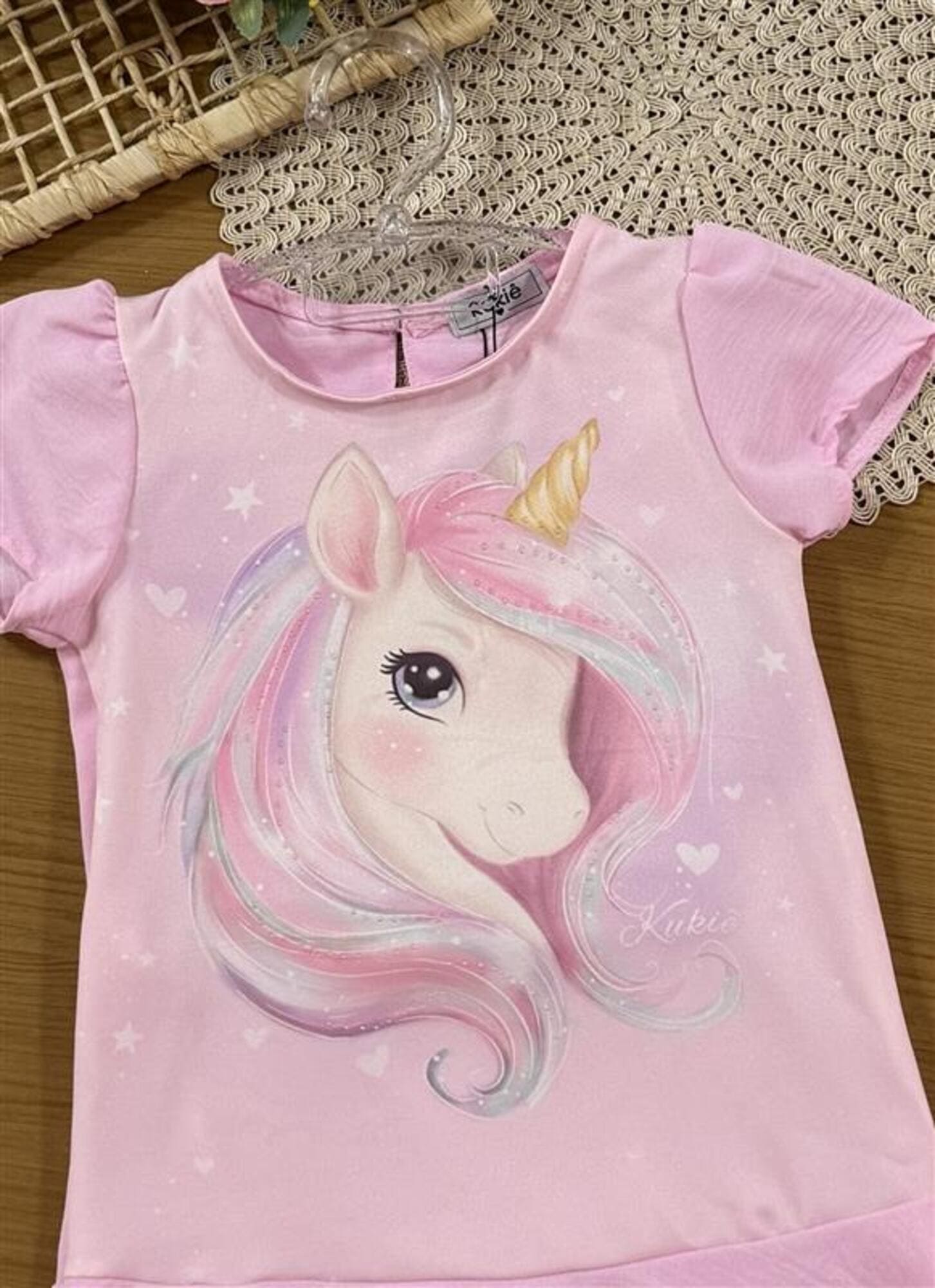 Vestido Infantil Kukiê Verão Rosa Unicórnio com Strass