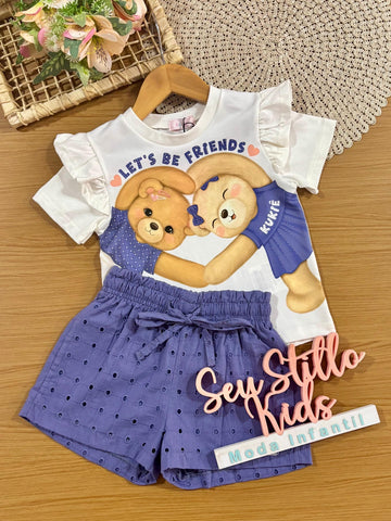 Conjunto Infantil Menina Kukiê com Shorts em Laise Azul e Blusa Branca Ursinhas