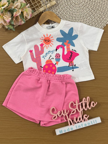 Conjunto Infantil Bimbi Verão com Shorts Saia Rosa e Blusa Branca Flamingo Tropical