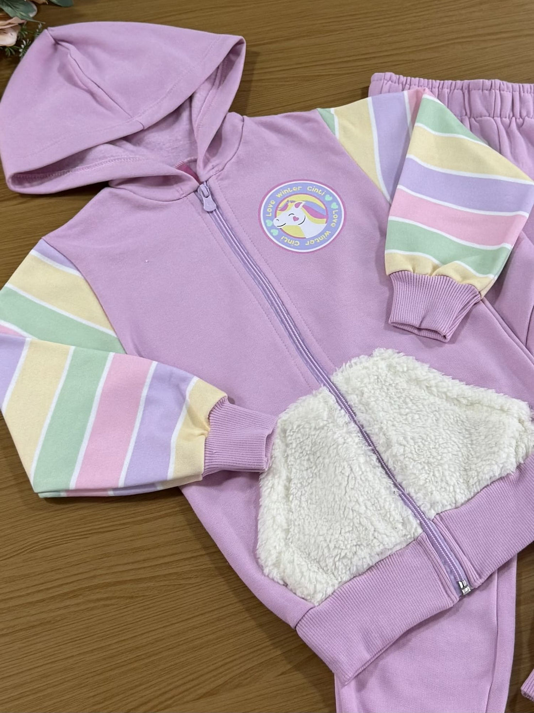 Conjunto Infantil Cinti Inverno Calça e Moletom Flanelado Lilás Unicórnio