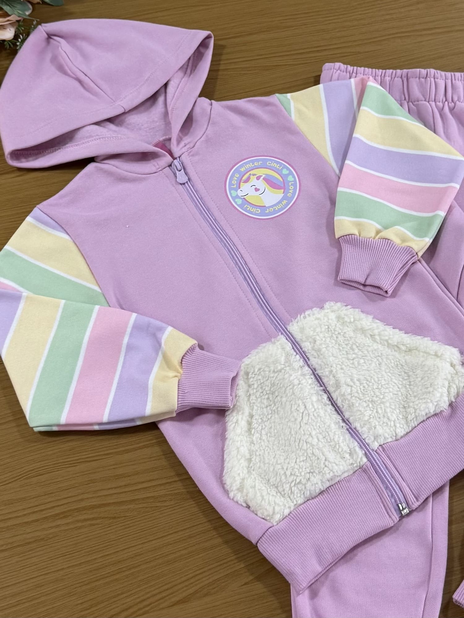 Conjunto Infantil Cinti Inverno Calça e Moletom Flanelado Lilás Unicórnio