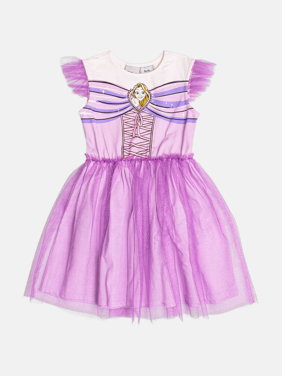 Vestido Infantil Bimbi Inverno Lilás com Tule e Glitter Rapunzel Disney