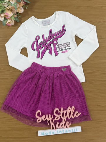 Conjunto Infantil Momi Inverno com Saia Rosa em Tela e Blusa Branca com Strass