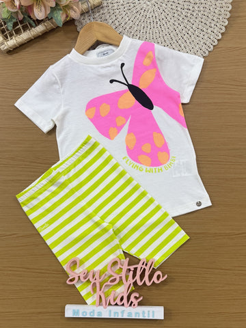 Conjunto Infantil Bimbi Verão com Shorts Listrado e Blusa Branca Borboleta