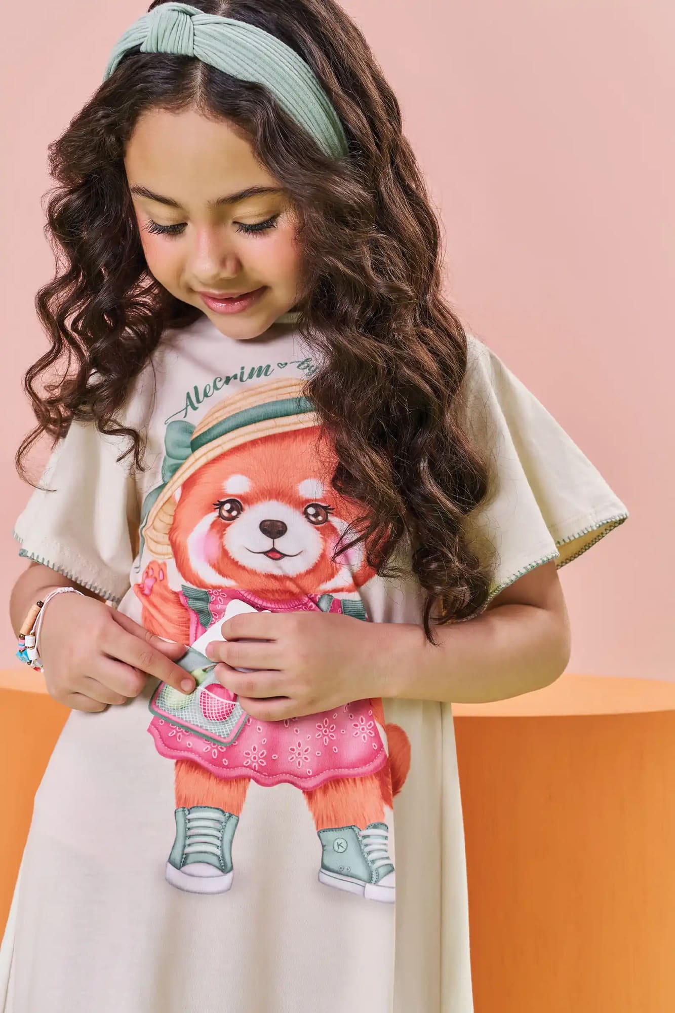 Vestido Infantil Kukiê Verão Bege Pandinha Vermelho