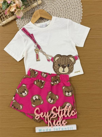 Conjunto Infantil Momi Inverno com Shorts Saia Rosa e Blusa Manga Curta Ursinha Bolsinha