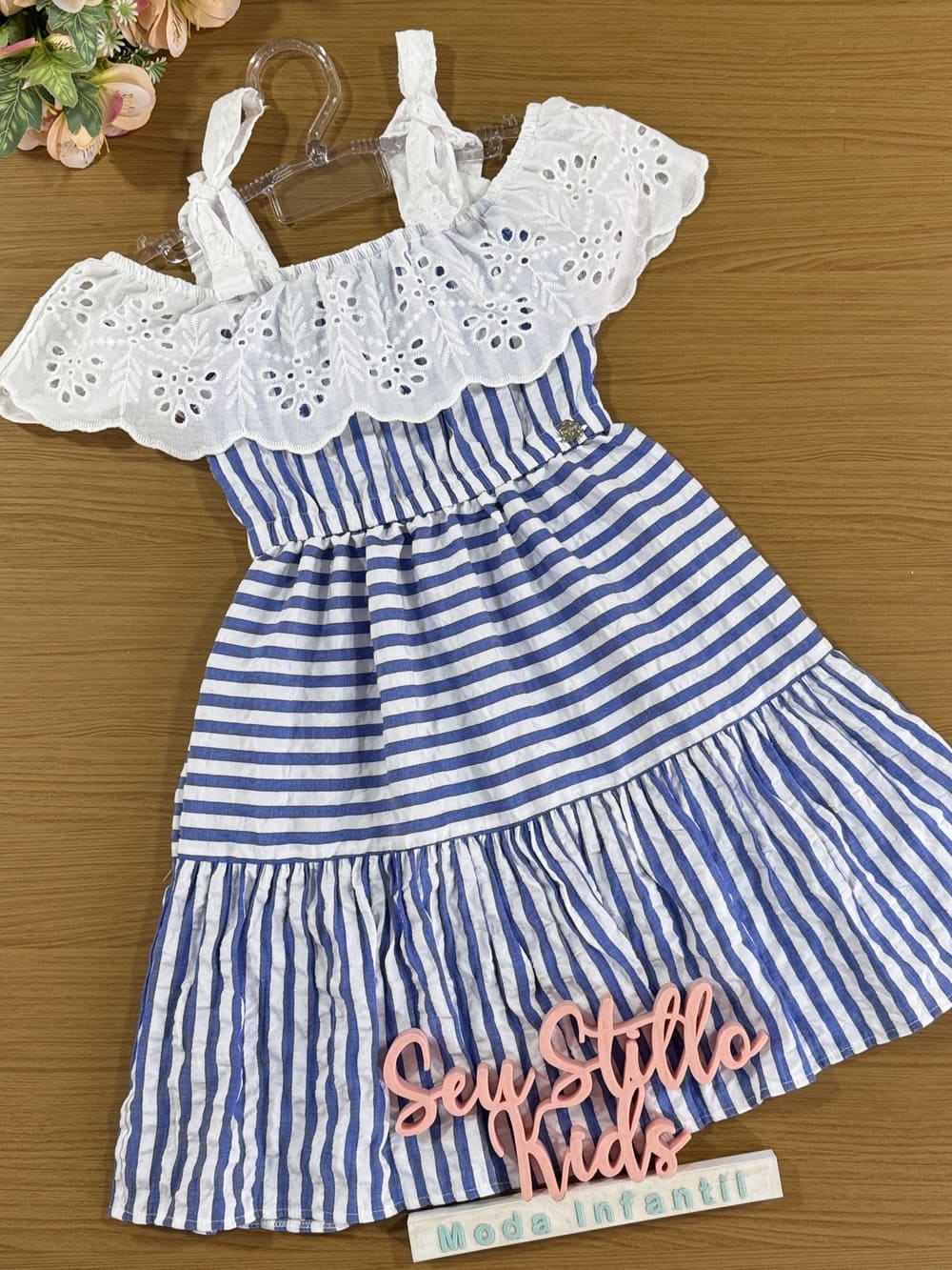 Vestido Infantil Momi Verão Azul Listrado com Babado Laise