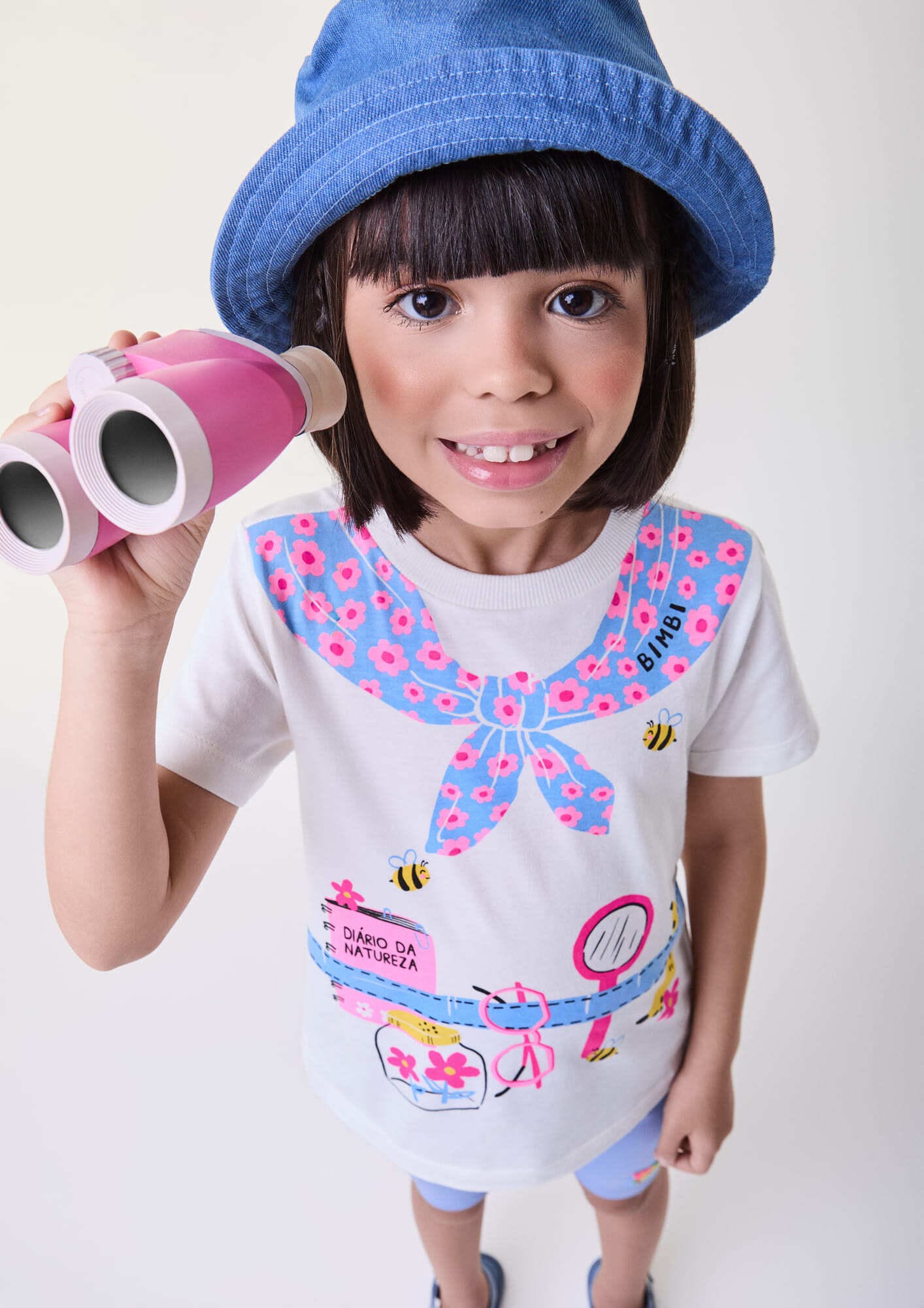 Conjunto Infantil Bimbi Verão com Shorts Ciclista Azul e Blusa Branca Diário da Natureza