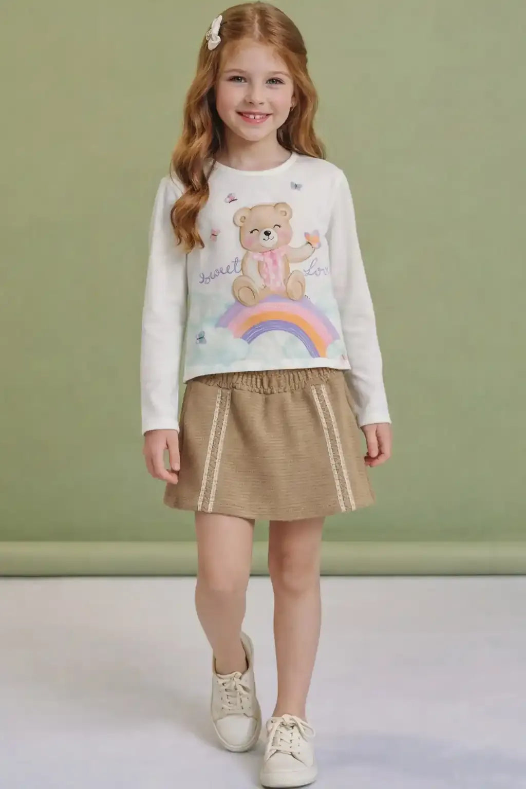 Conjunto Infantil Kukiê com Shorts Saia e Blusa Manga Longa Branca Sweet