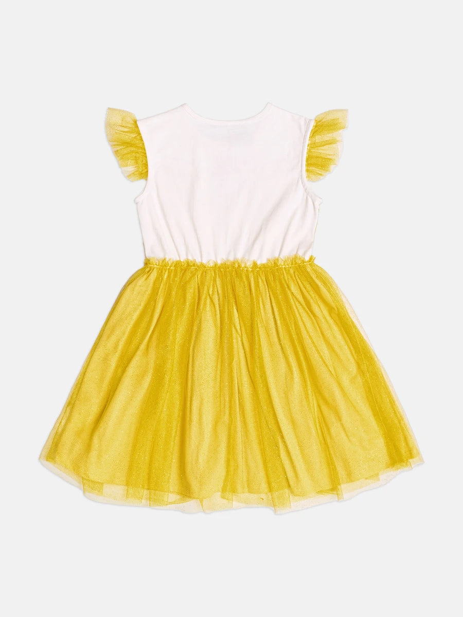 Vestido Infantil Bimbi Inverno com Tule e Brilho Amarelo Bella Disney