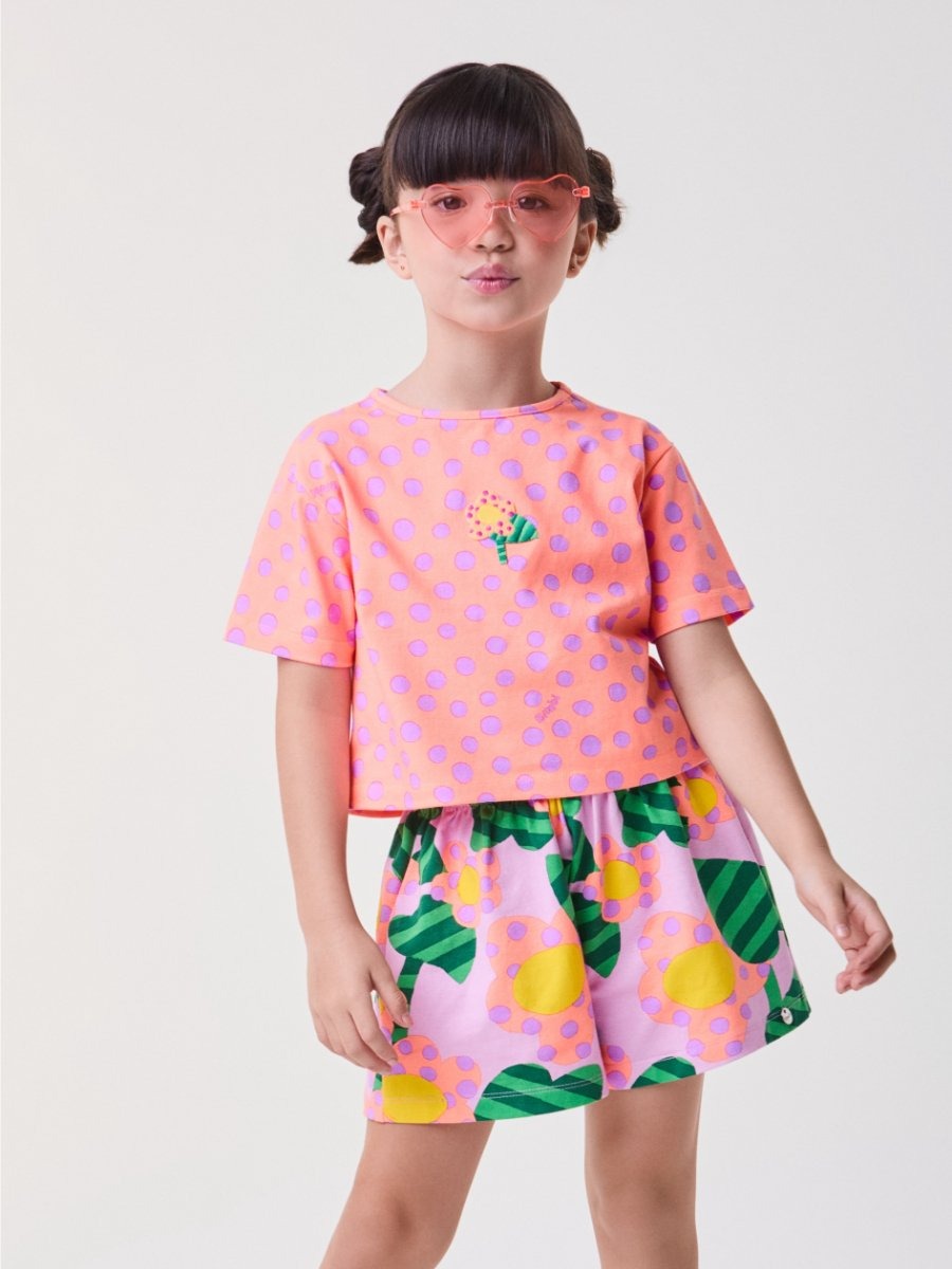 Conjunto Infantil Bimbi Verão com Shorts Lilás e Blusa Laranja Bolinhas