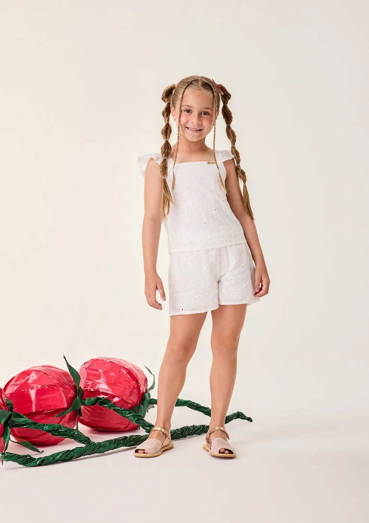 Conjunto Infantil Menina Bimbi Shorts e Blusa Branca em Laise