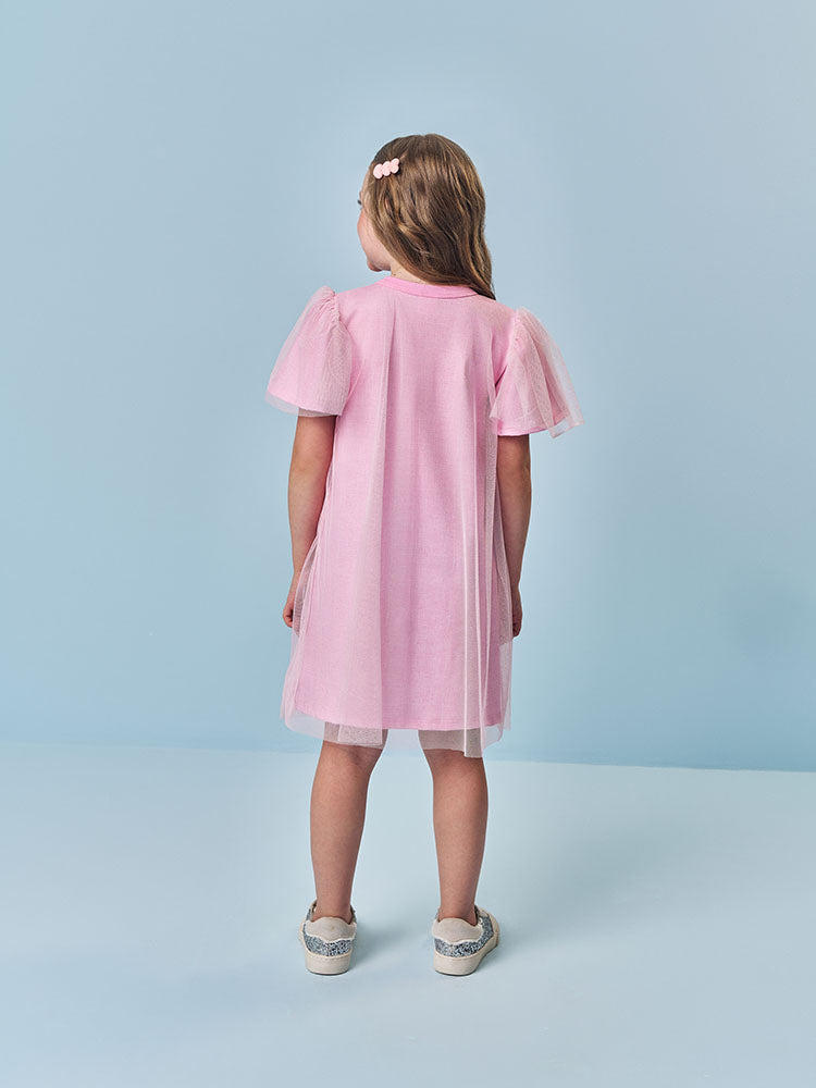 Vestido Infantil Cinti Verão com Sobreposição em Tule Rosa Ursinha Love