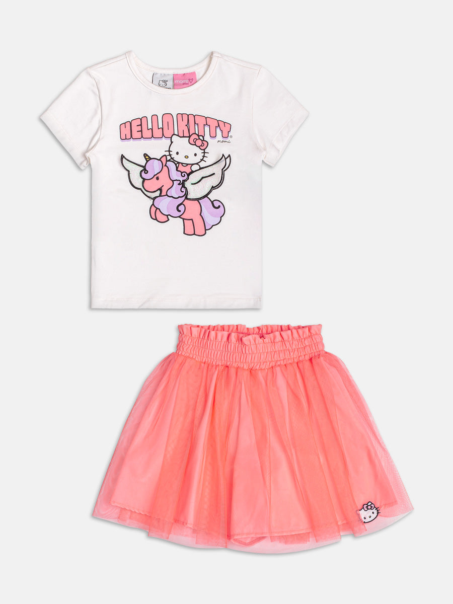 Conjunto Infantil Momi Verão com Saia Rosa em Tule e Blusa Branca Hello Kitty Unicórnio