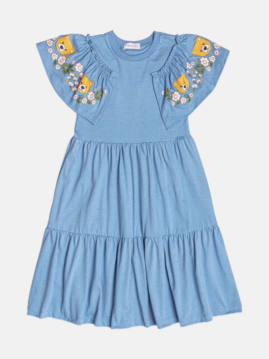 Vestido Infantil Momi Inverno com Babado Azul Ursinho Floral