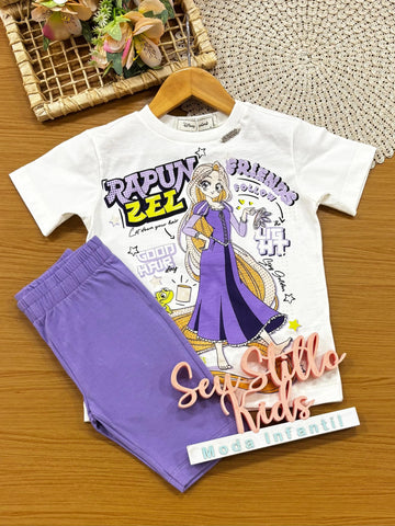 Conjunto Infantil Menina Animê com Shorts Ciclista Lilás e Blusa Rapunzel Disney
