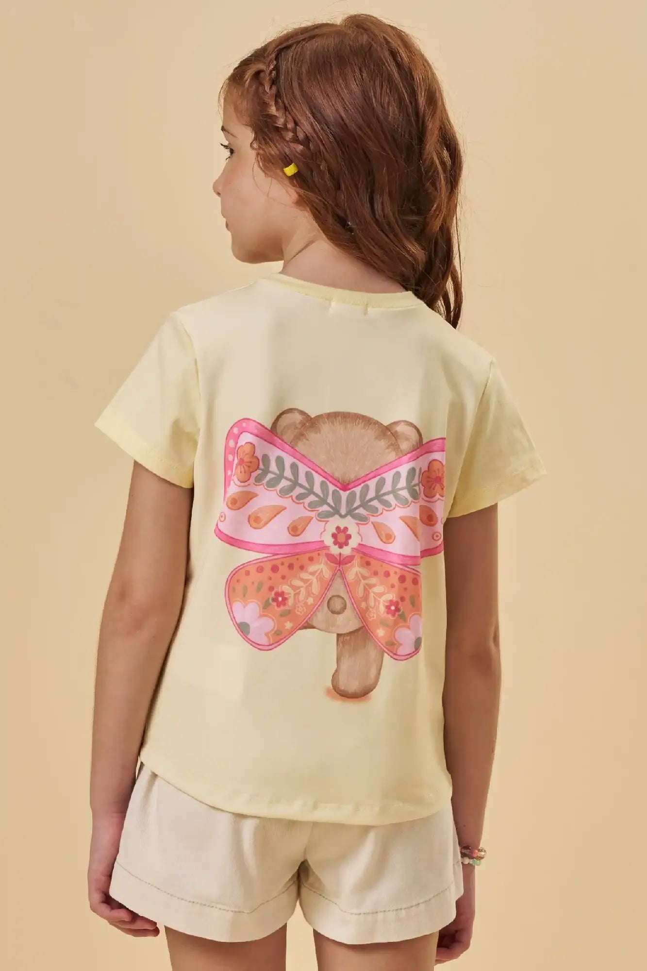 Blusa Infantil Menina Kukiê Amarela Ursinha Borboleta