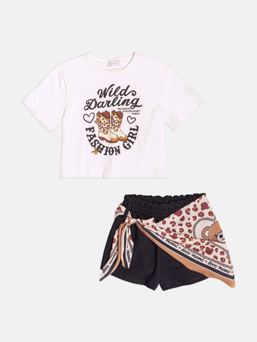 Conjunto Infantil Momi Inverno, Shorts Preto com Lenço e Blusa Manga Curta Fashion Girl