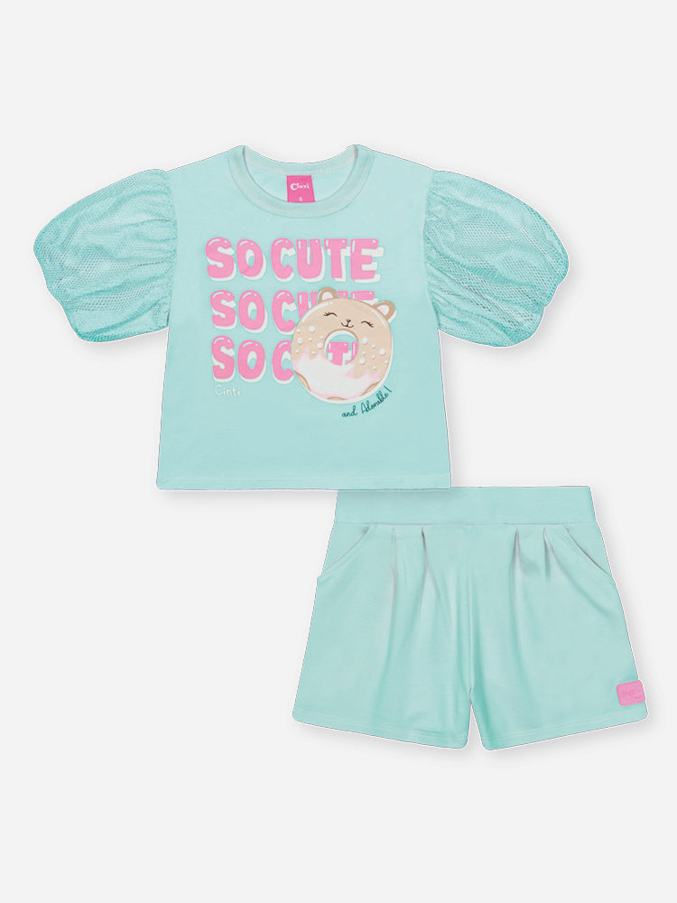 Conjunto Infantil Cinti Verão com Shorts e Blusa Azul com Manga em Tela Cute