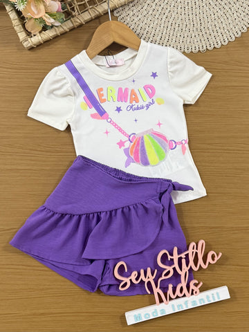 Conjunto Infantil Kukiê Verão com Short-Saia Roxo e Blusa Branca Mermaid