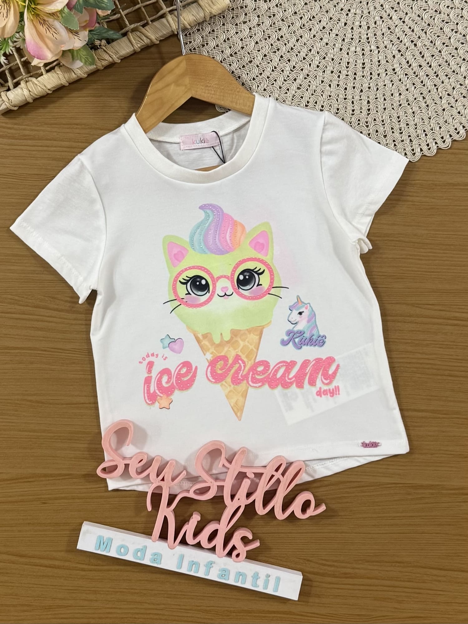Blusa Infantil Kukiê Verão Off White Gatinha Sorvete
