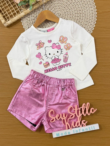 Conjunto Infantil Momi Inverno com Shorts Rosa Metalizado e Blusa Manga Longa Hello Kitty Docinhos