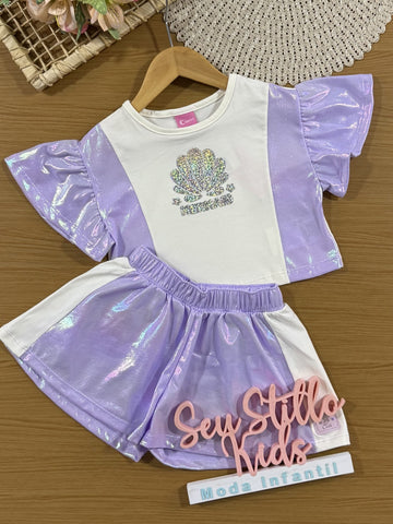 Conjunto Infantil Cinti Verão com Shorts Lilás e Blusa Branca Conchinha
