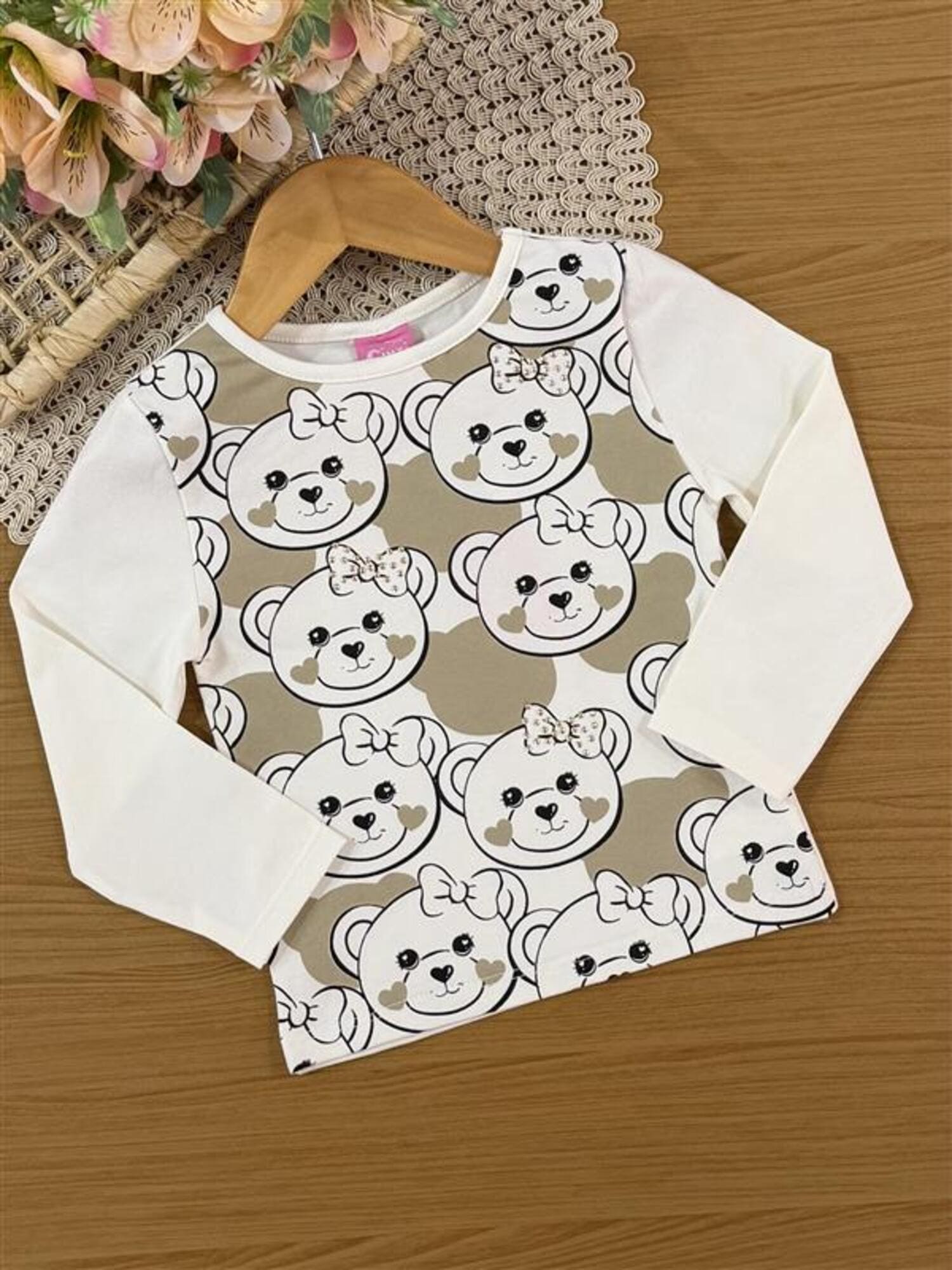 Conjunto Infantil Cinti Inverno com Shorts e Blusa Manga Longa Bege Ursinhos