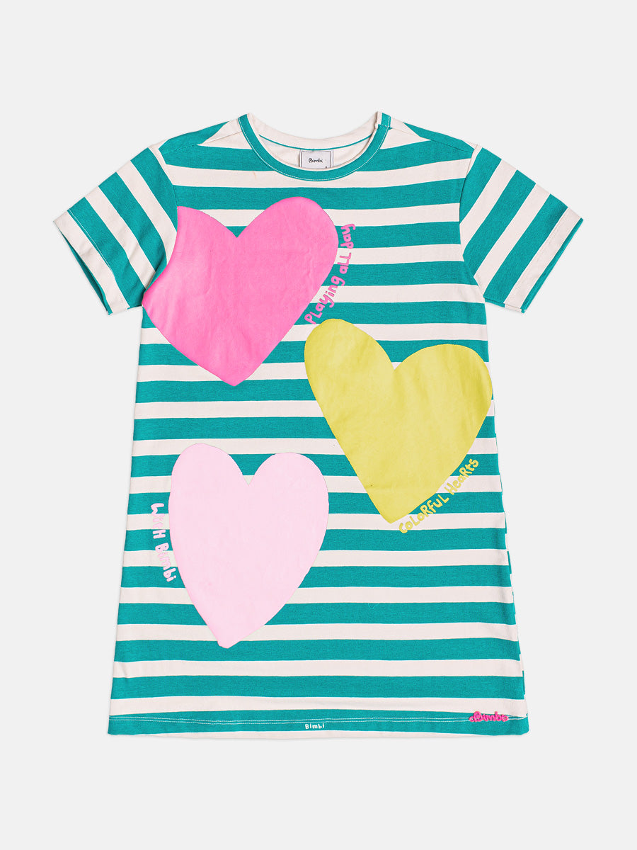 Vestido Infantil Bimbi Inverno Verde Listrado Coração