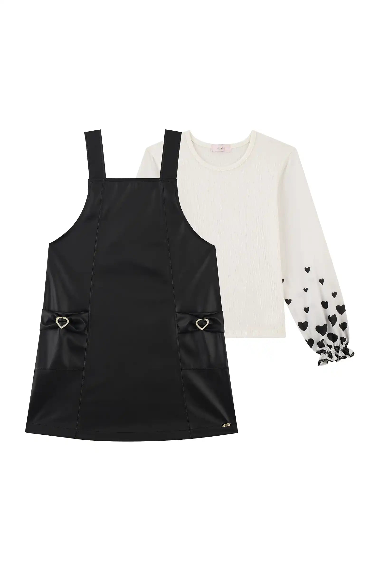 Salopete Infantil Kukiê Inverno Preta com Blusa Branca Corações