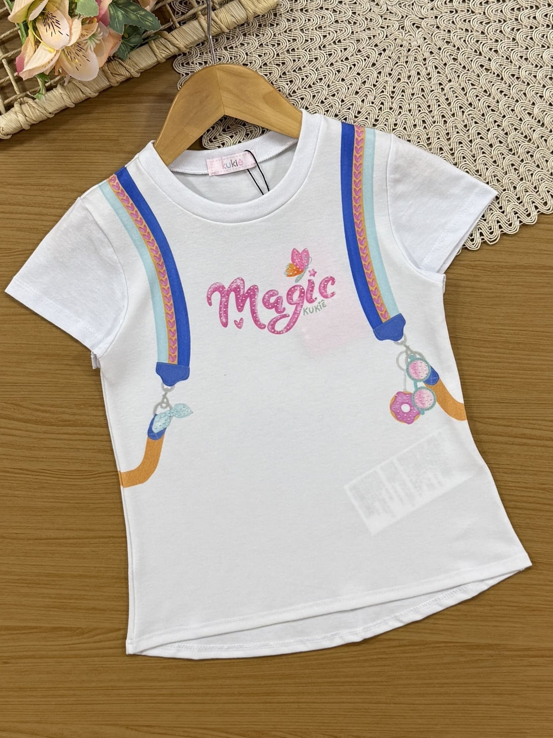 Conjunto Infantil Kukiê Verão com Shorts Ciclista Azul e Blusa Branca Ursinha Magic