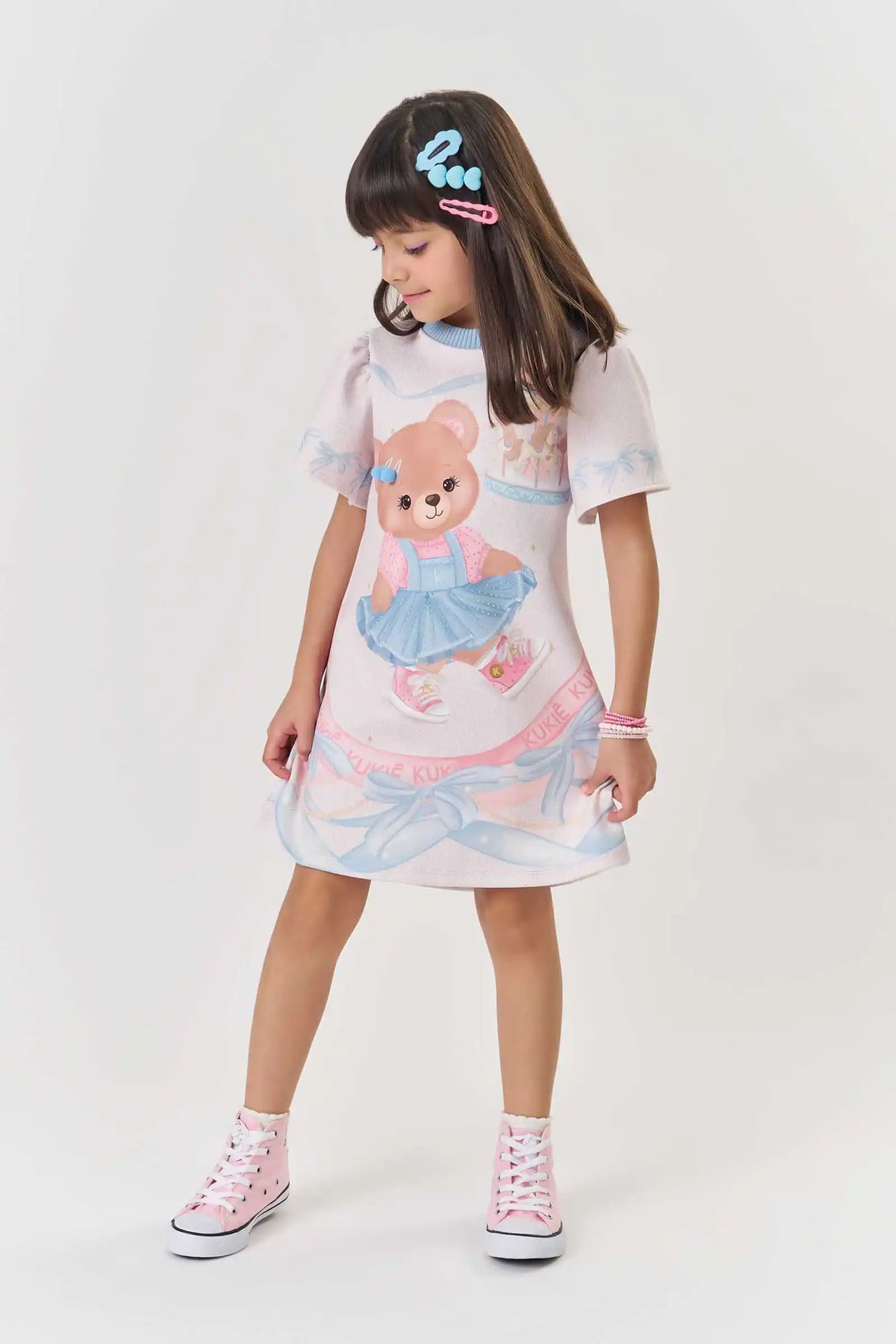 Vestido Infantil Kukiê Inverno Off White Ursinha no Parque