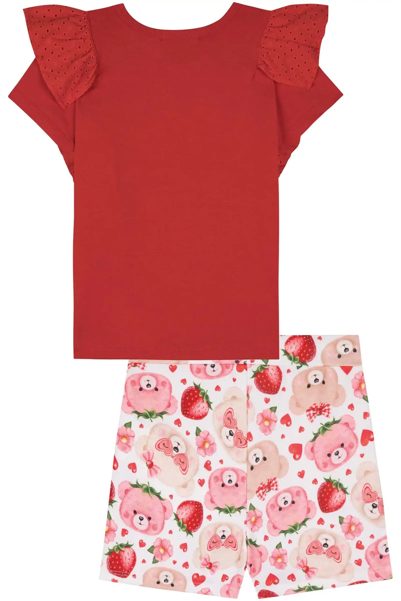 Conjunto Infantil Kukiê Verão com Shorts Saia Branco e Blusa Vermelha Moranguinho