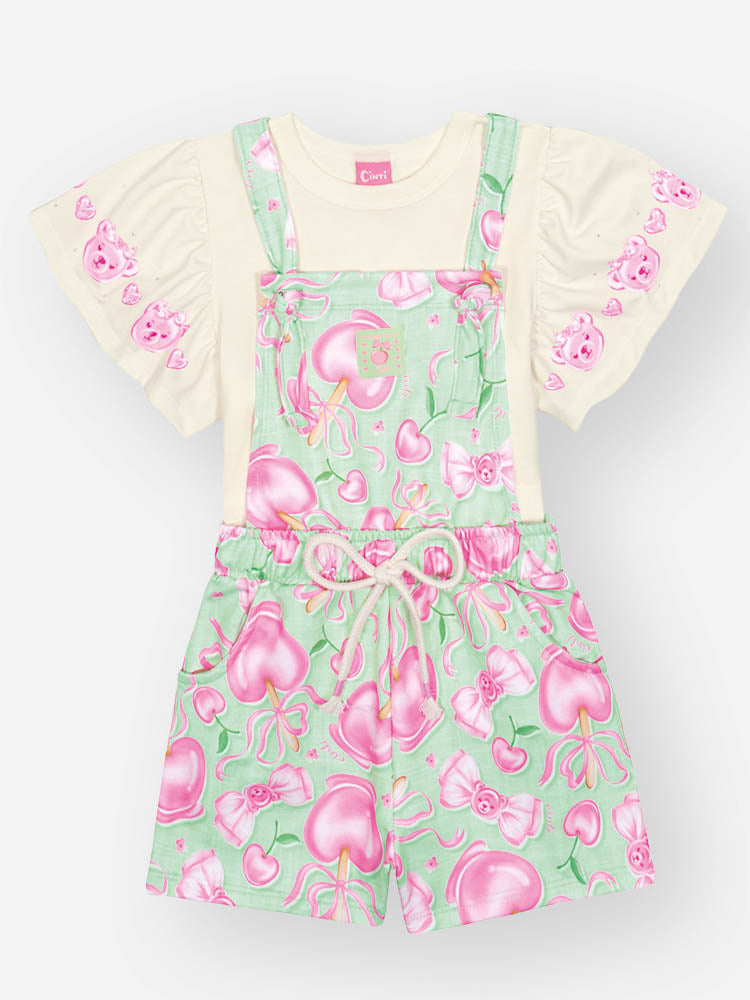 Jardineira Infantil Cinti Verão Verde Docinhos com Blusa Branca