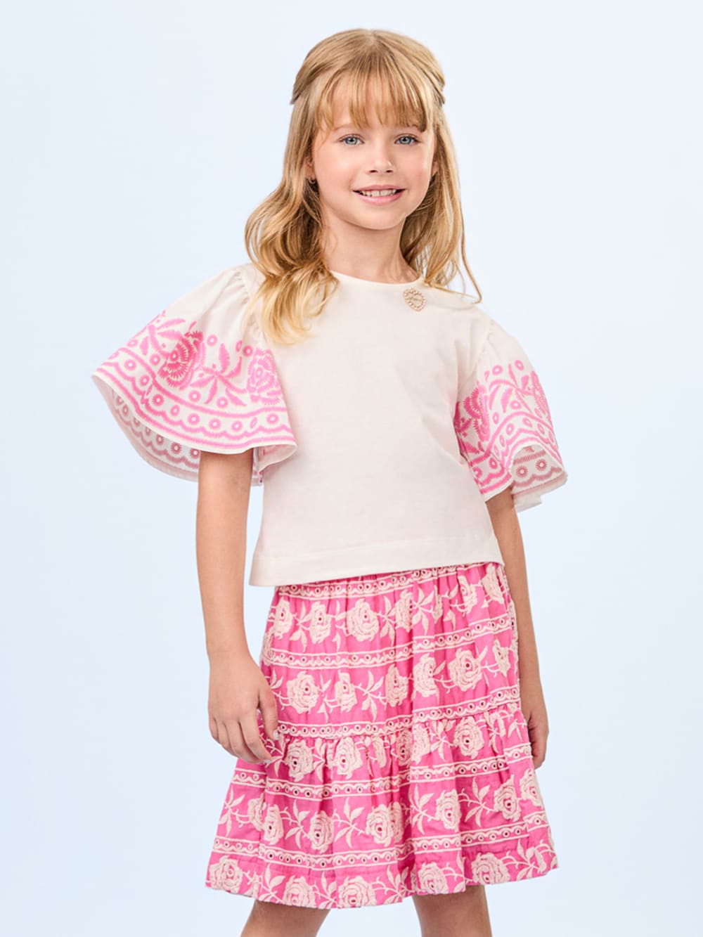 Conjunto Infantil Animê Verão Saia Rosa Bordada e Blusa