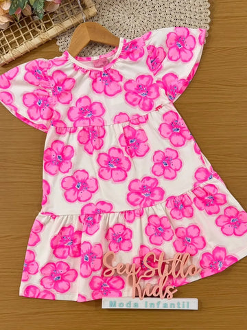 Vestido Infantil Momi Branco Floral Rosa