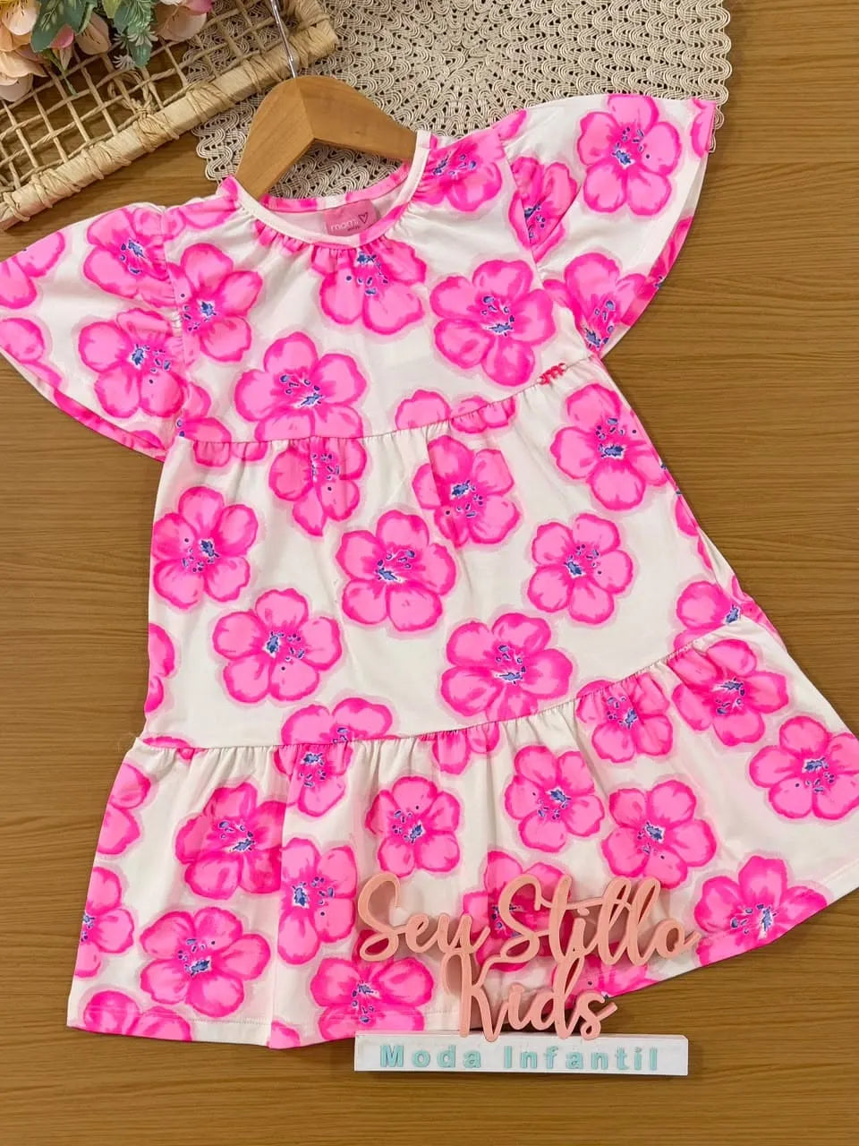 Vestido Infantil Momi Branco Floral Rosa