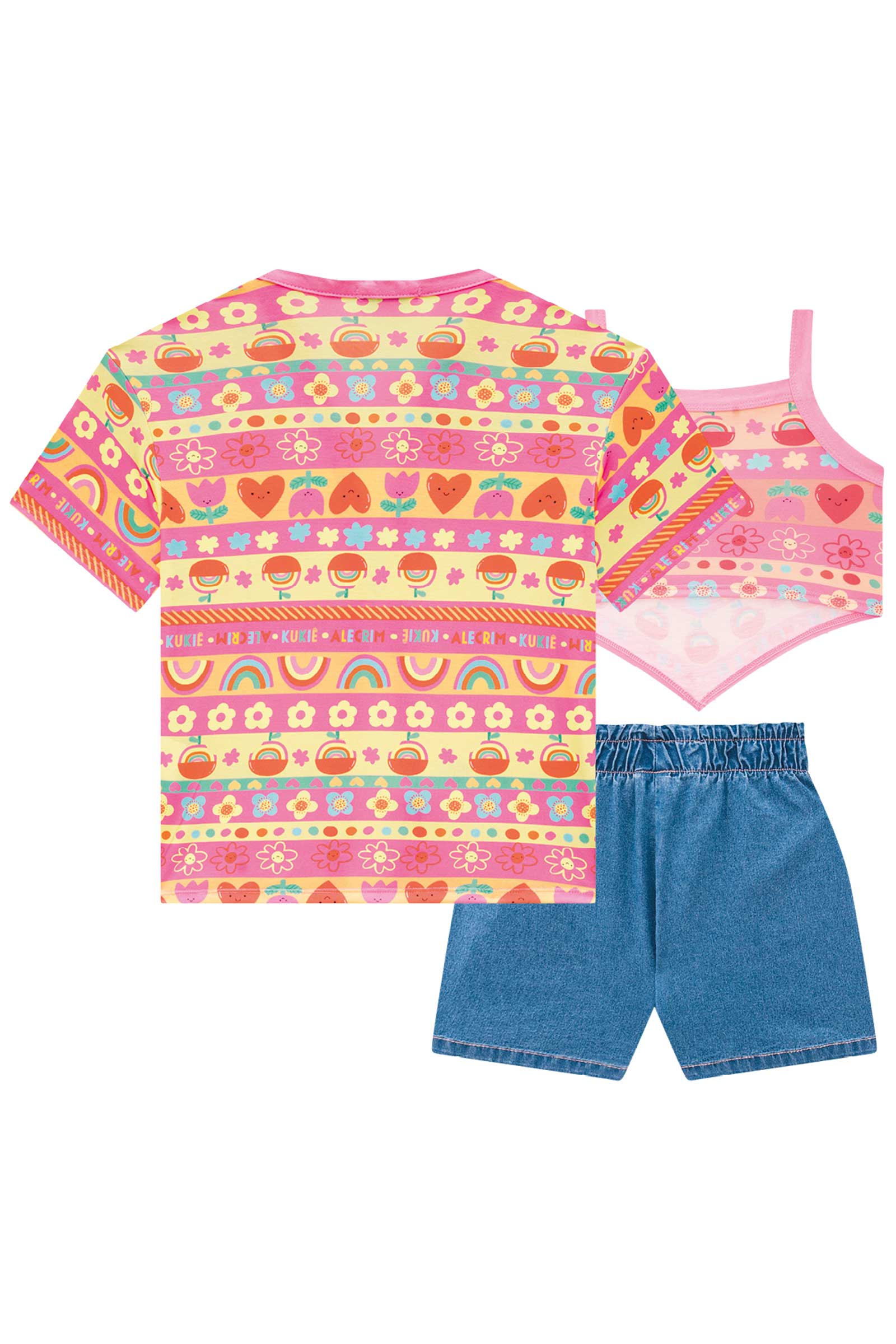 Conjunto Infantil Kukie Alecrim Verão Shorts Jeans Sobreposição e Top Frutas
