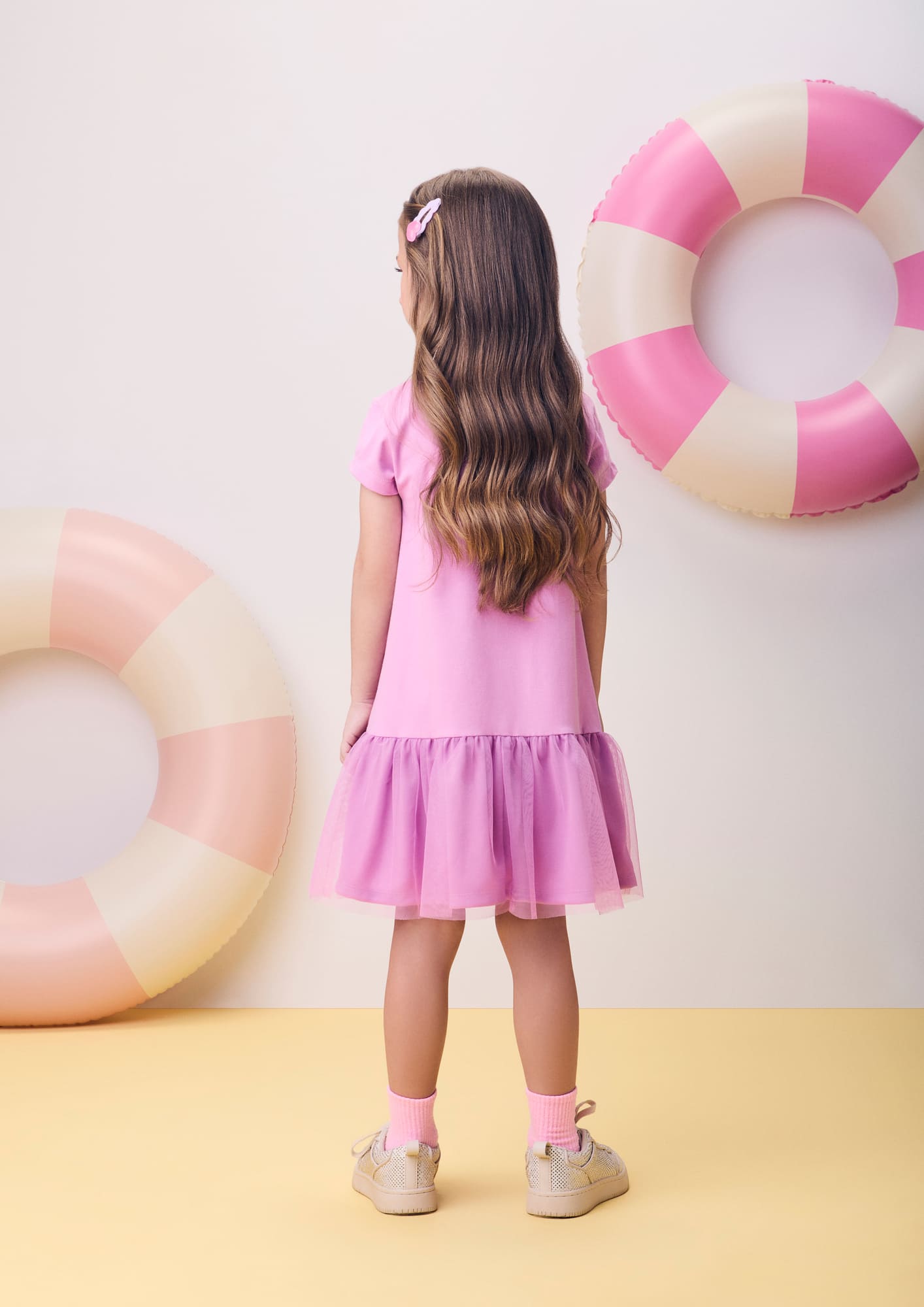 Vestido Infantil Momi Verão com Tule Lilás Pequena Sereia Disney