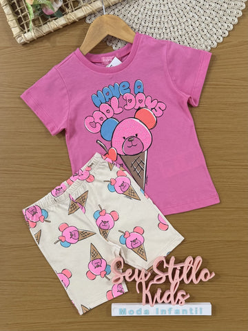 Conjunto Infantil Momi Verão com Shorts Ciclista Bege e Blusa Rosa Ursinho Sorvete