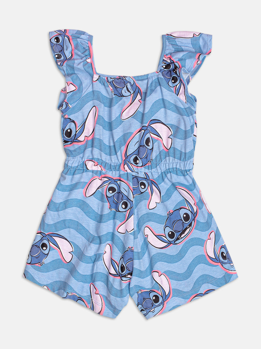 Macacão Curto Infantil Momi Verão Azul Ondas Stitch Disney